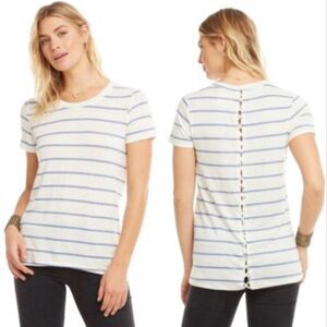 CHASER Stripe Lace-Up Back T-Shirt Top M Hi-Lo Beachy Blue White Linen Blend Tee